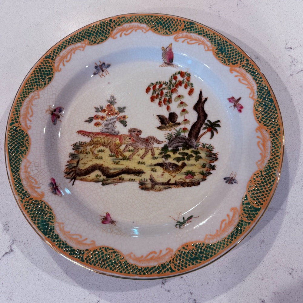 Vintage Decorative Chinese Plate w/Crackle Glaze Dog & Bird Scene Great Piece.